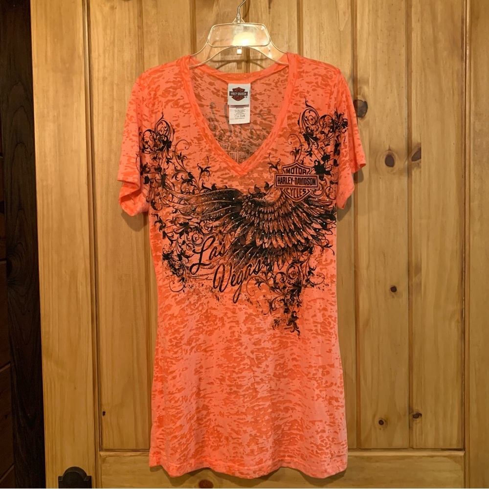 Harley-Davidson Women's Orange Burnout V-Neck Tee with Black Wing Graphic